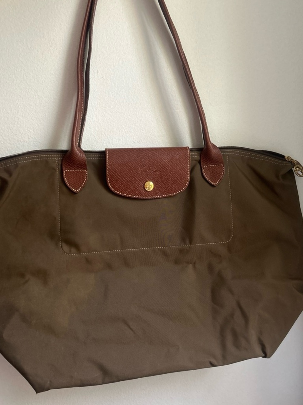 Longchamp Large Khaki/Brown Tote with Chestnut Trim